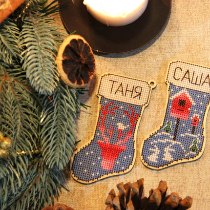 DIY Cross stitch kit on wood "Socks" 3.9x2.0 in / 10.0x5.0 cm