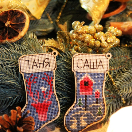 DIY Cross stitch kit on wood "Socks" 3.9x2.0 in / 10.0x5.0 cm