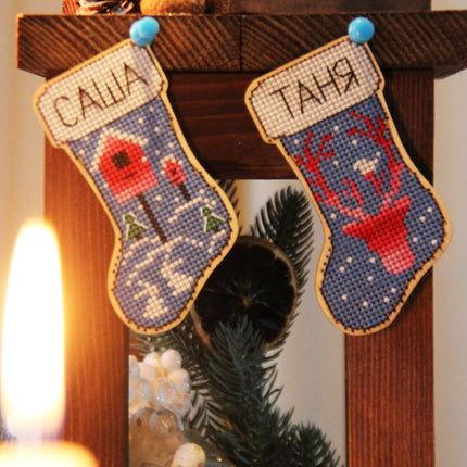 DIY Cross stitch kit on wood "Socks" 3.9x2.0 in / 10.0x5.0 cm
