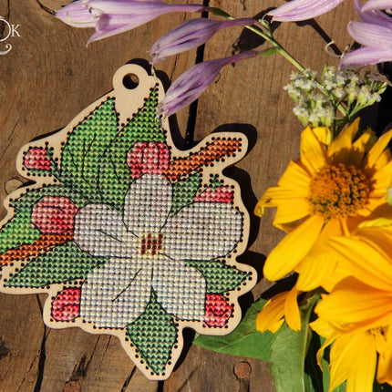 DIY Cross stitch kit on wood "Apple Blossom" 4.7x3.9 in / 11.9x10.0 cm