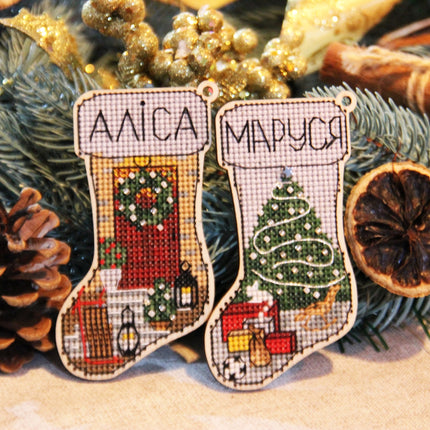 DIY Cross stitch kit on wood "Socks" 3.9x2.0 in / 10.0x5.0 cm