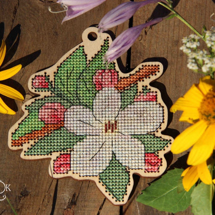 DIY Cross stitch kit on wood "Apple Blossom" 4.7x3.9 in / 11.9x10.0 cm