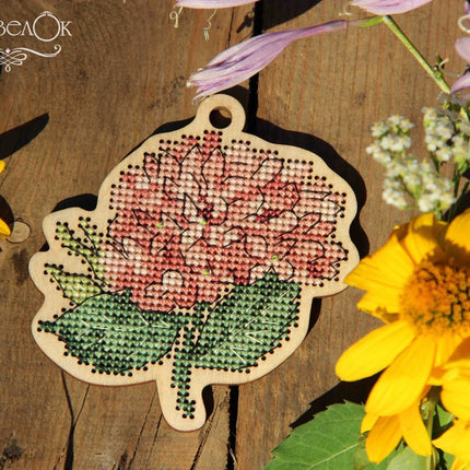 DIY Cross stitch kit on wood "Hydrangea" 3.7x3.6 in / 9.3x9.2 cm