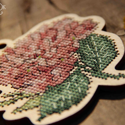 DIY Cross stitch kit on wood "Hydrangea" 3.7x3.6 in / 9.3x9.2 cm