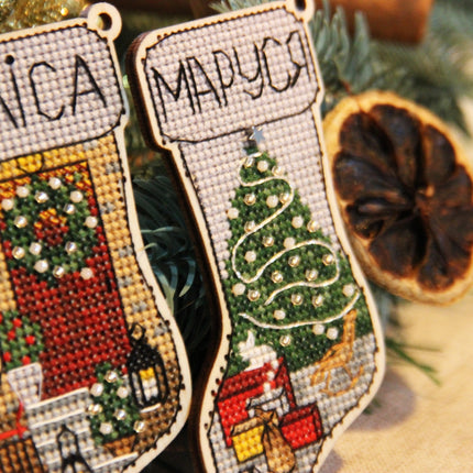 DIY Cross stitch kit on wood "Socks" 3.9x2.0 in / 10.0x5.0 cm