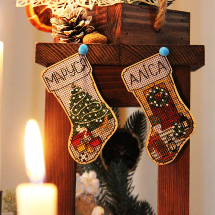 DIY Cross stitch kit on wood "Socks" 3.9x2.0 in / 10.0x5.0 cm