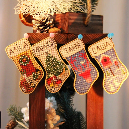 DIY Cross stitch kit on wood "Socks" 3.9x2.0 in / 10.0x5.0 cm