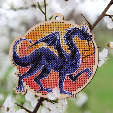 DIY Cross stitch kit on wood "Dragon" 3.9x3.5 in / 10.0x9.0 cm