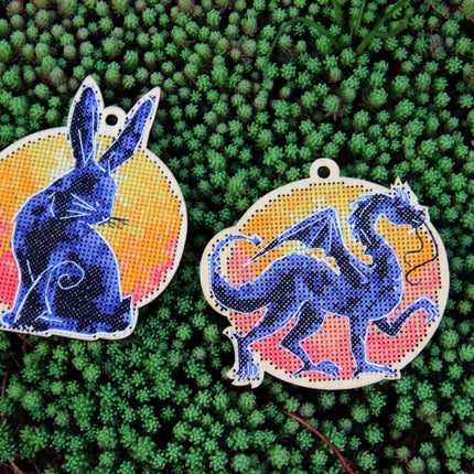 DIY Cross stitch kit on wood "Dragon" 3.9x3.5 in / 10.0x9.0 cm