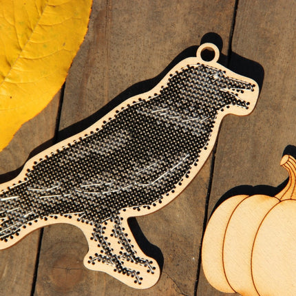 DIY Cross stitch kit on wood "Raven" 4.3x4.3 in / 11.0x11.0 cm