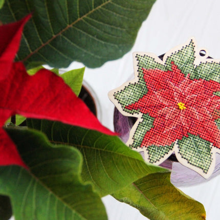 DIY Cross stitch kit on wood "Poinsettia" 4.3x3.9 in / 11.0x10.0 cm