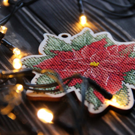 DIY Cross stitch kit on wood "Poinsettia" 4.3x3.9 in / 11.0x10.0 cm