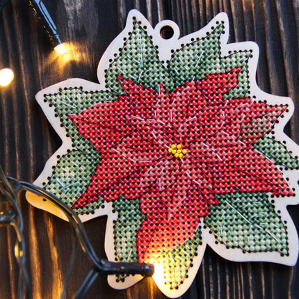 DIY Cross stitch kit on wood "Poinsettia" 4.3x3.9 in / 11.0x10.0 cm
