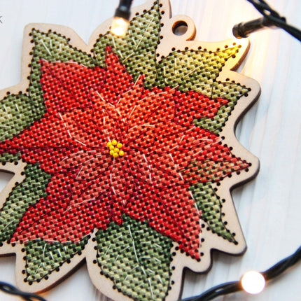 DIY Cross stitch kit on wood "Poinsettia" 4.3x3.9 in / 11.0x10.0 cm