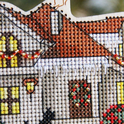 DIY Cross stitch kit on wood "Winter Cottage" 4.3x3.1 in / 11.0x8.0 cm