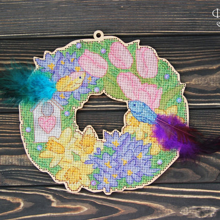 DIY Cross stitch kit on wood "Spring" 7.7x7.5 in / 19.5x19.0 cm