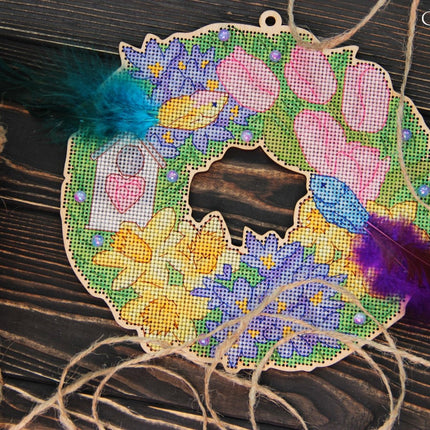 DIY Cross stitch kit on wood "Spring" 7.7x7.5 in / 19.5x19.0 cm