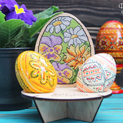 DIY Cross stitch kit on wood "Easter Egg with a stand" 3.0x3.7 in / 7.5x9.5 cm