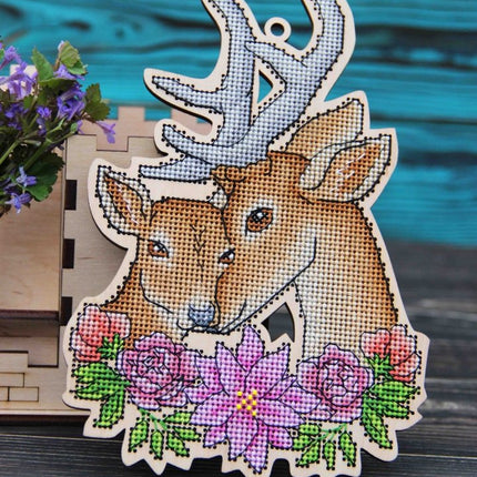 DIY Cross stitch kit on wood "Deer" 4.9x7.1 in / 12.5x18.0 cm