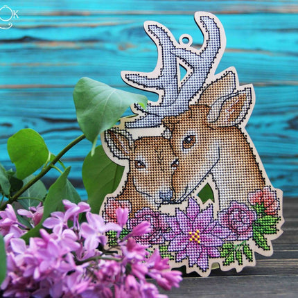 DIY Cross stitch kit on wood "Deer" 4.9x7.1 in / 12.5x18.0 cm