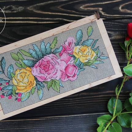 DIY Cross stitch kit on wood "Roses" 7.5x3.7 in / 19.0x9.5 cm
