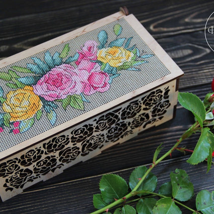 DIY Cross stitch kit on wood "Roses" 7.5x3.7 in / 19.0x9.5 cm