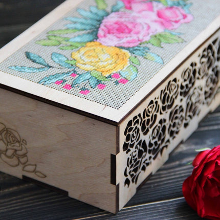 DIY Cross stitch kit on wood "Roses" 7.5x3.7 in / 19.0x9.5 cm