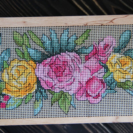 DIY Cross stitch kit on wood "Roses" 7.5x3.7 in / 19.0x9.5 cm