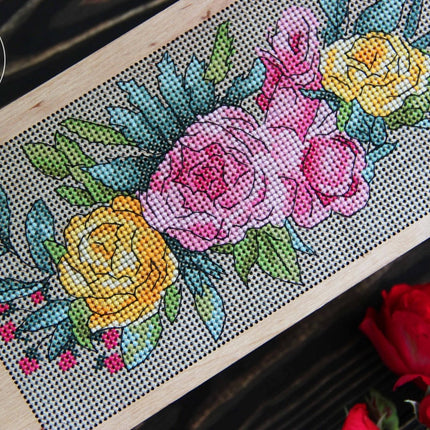 DIY Cross stitch kit on wood "Roses" 7.5x3.7 in / 19.0x9.5 cm