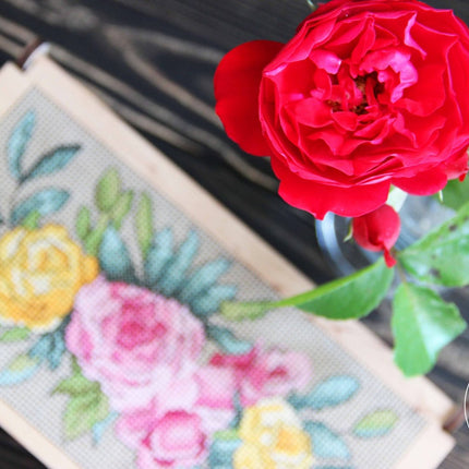 DIY Cross stitch kit on wood "Roses" 7.5x3.7 in / 19.0x9.5 cm