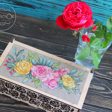 DIY Cross stitch kit on wood "Roses" 7.5x3.7 in / 19.0x9.5 cm