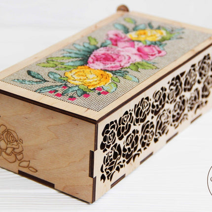 DIY Cross stitch kit on wood "Roses" 7.5x3.7 in / 19.0x9.5 cm