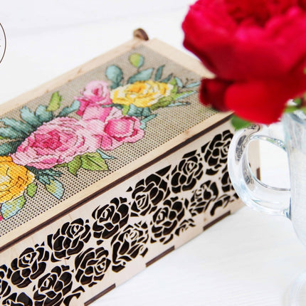 DIY Cross stitch kit on wood "Roses" 7.5x3.7 in / 19.0x9.5 cm
