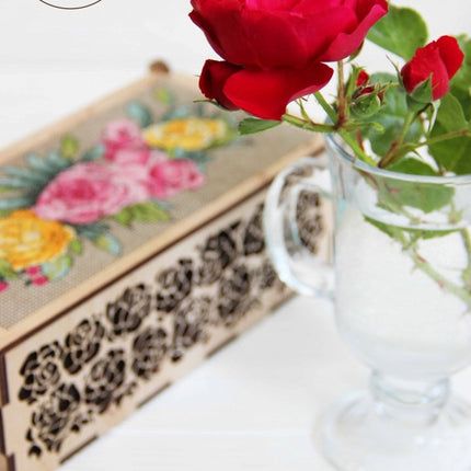 DIY Cross stitch kit on wood "Roses" 7.5x3.7 in / 19.0x9.5 cm