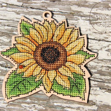 DIY Cross stitch kit on wood "Sunflower" 3.7x3.7 in / 9.5x9.5 cm