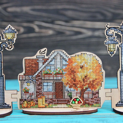 DIY Cross stitch kit on wood "Fall Cottage" 4.9x3.1 in / 12.5x8.0 cm
