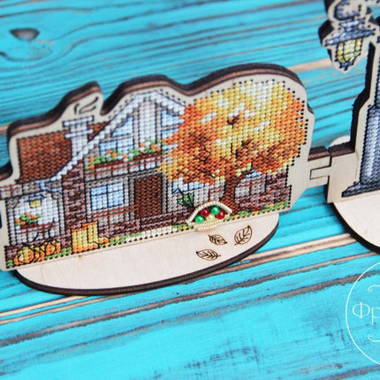 DIY Cross stitch kit on wood "Fall Cottage" 4.9x3.1 in / 12.5x8.0 cm