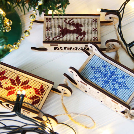DIY Cross stitch kit on wood "Sleigh" 3.0x1.6 in / 7.5x4.0 cm