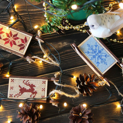 DIY Cross stitch kit on wood "Sleigh" 3.0x1.6 in / 7.5x4.0 cm