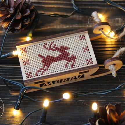 DIY Cross stitch kit on wood "Sleigh" 3.0x1.6 in / 7.5x4.0 cm