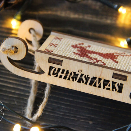 DIY Cross stitch kit on wood "Sleigh" 3.0x1.6 in / 7.5x4.0 cm