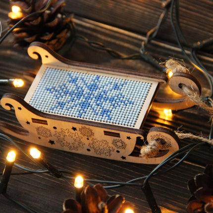 DIY Cross stitch kit on wood "Sleigh" 3.0x1.6 in / 7.5x4.0 cm