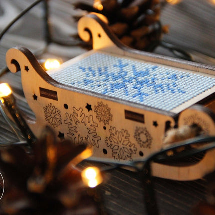 DIY Cross stitch kit on wood "Sleigh" 3.0x1.6 in / 7.5x4.0 cm
