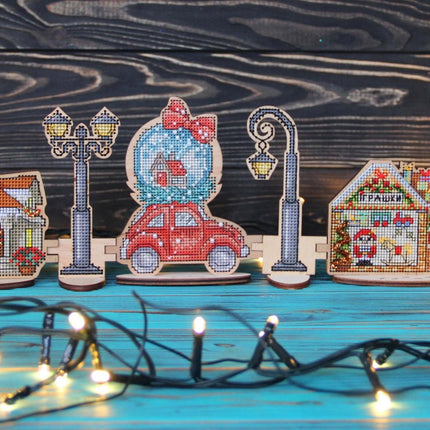 DIY Cross stitch kit on wood "Winter Cottage" 4.3x3.1 in / 11.0x8.0 cm