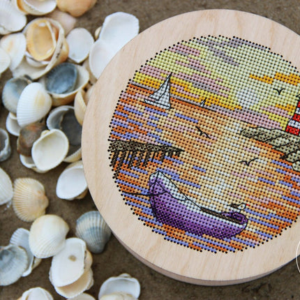 DIY Cross stitch kit on wood "Boat" D 5.7 in / D 14.5 cm