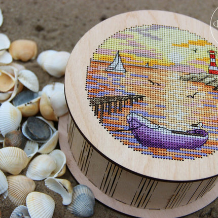 DIY Cross stitch kit on wood "Boat" D 5.7 in / D 14.5 cm