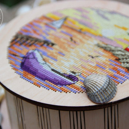 DIY Cross stitch kit on wood "Boat" D 5.7 in / D 14.5 cm