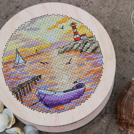 DIY Cross stitch kit on wood "Boat" D 5.7 in / D 14.5 cm