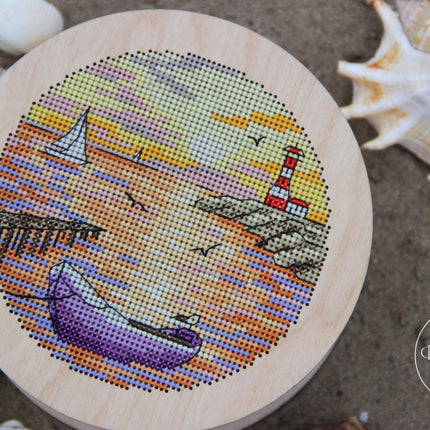DIY Cross stitch kit on wood "Boat" D 5.7 in / D 14.5 cm