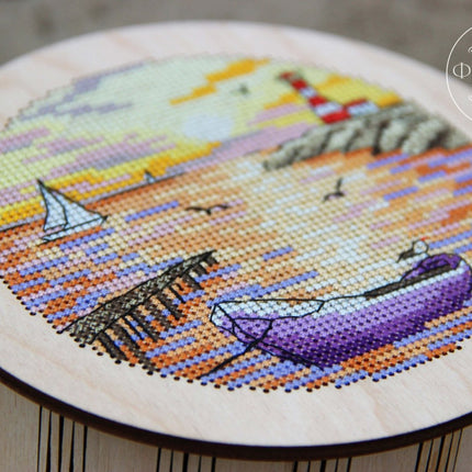 DIY Cross stitch kit on wood "Boat" D 5.7 in / D 14.5 cm